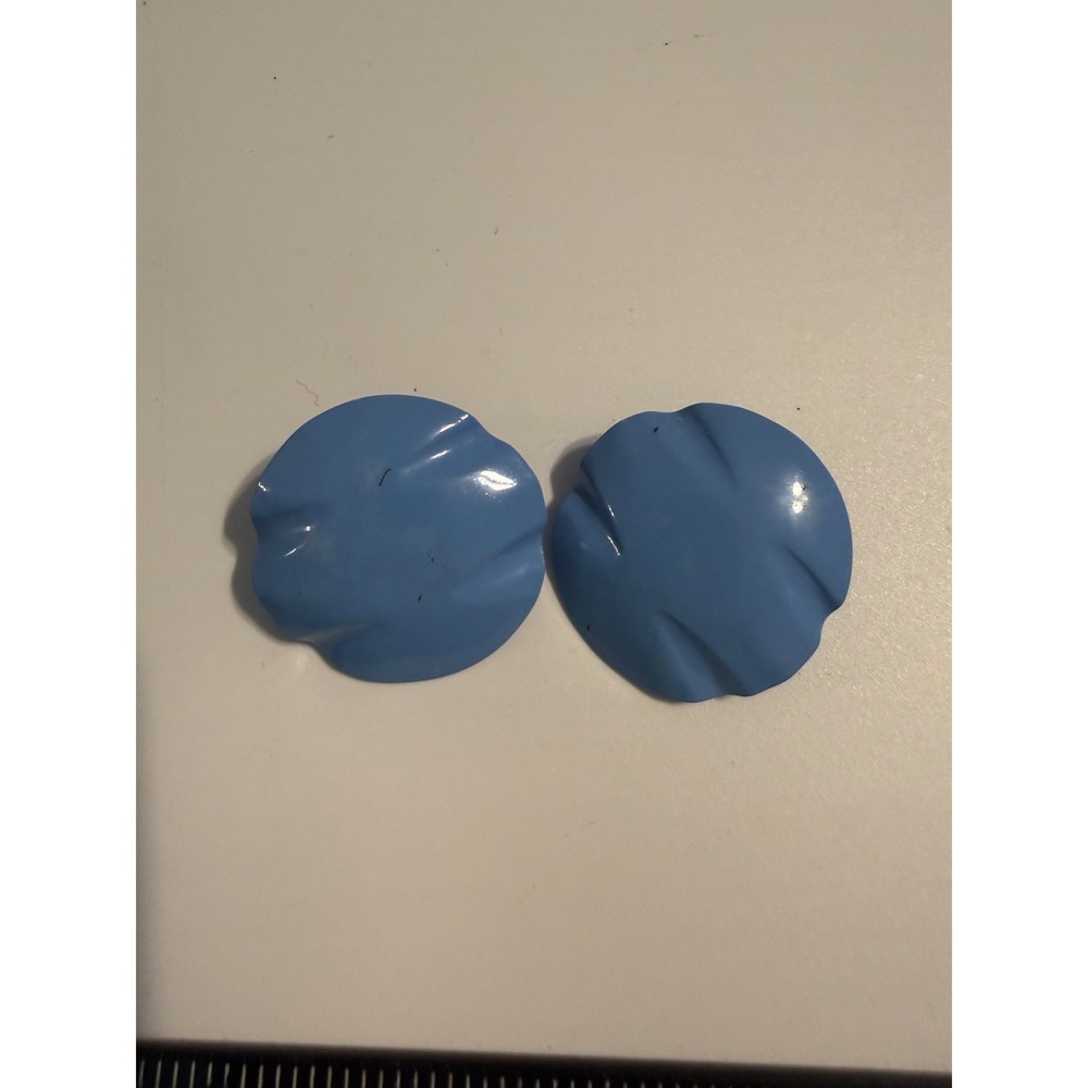 Vintage Blue Enamel Wavy Button Earrings Retro Round‎ Post Back Studs 1.25"